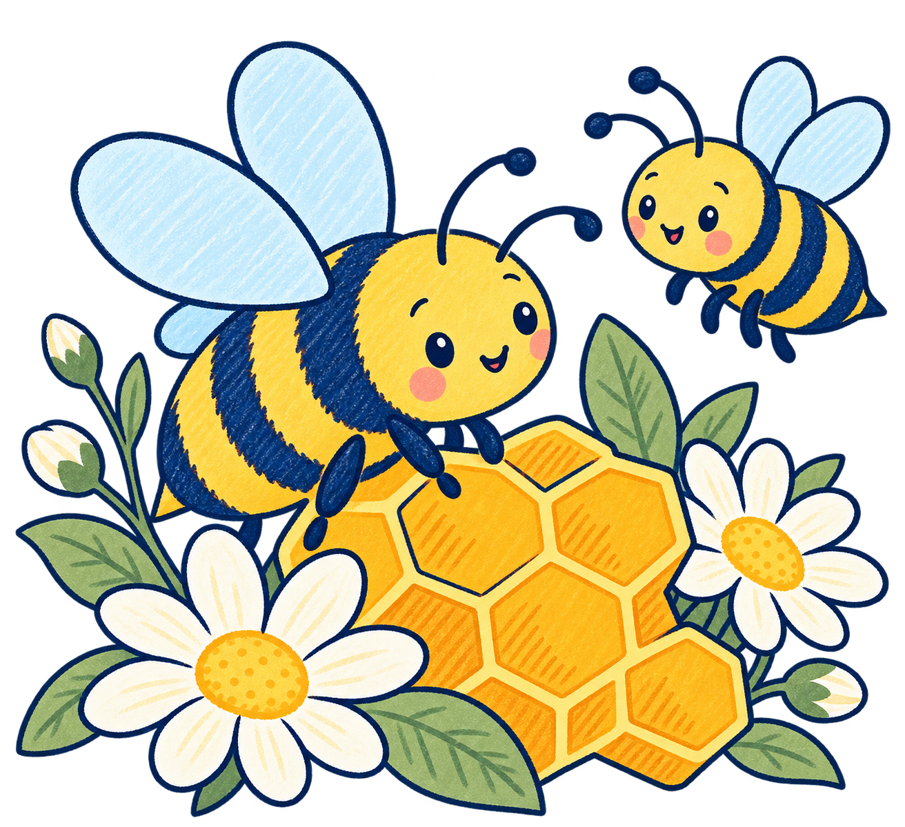Zwei gezeichnete Bienen an einer Honigwabe
