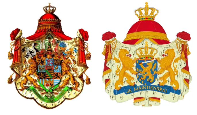 Wahlsprüche (Devise) des Königs von Sachsen und der Niederlande auf den jeweiligen Wappen.