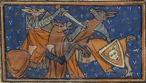 Der Wolf Isegrim wird vom Fuchs Reineke im Epos Ysengrimus besiegt.
